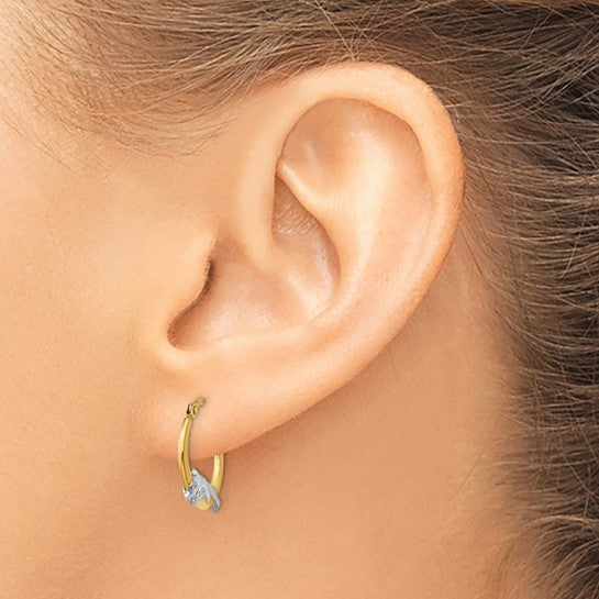 14K Yellow/White Gold Two Tone Dolphin Hoop Earrings