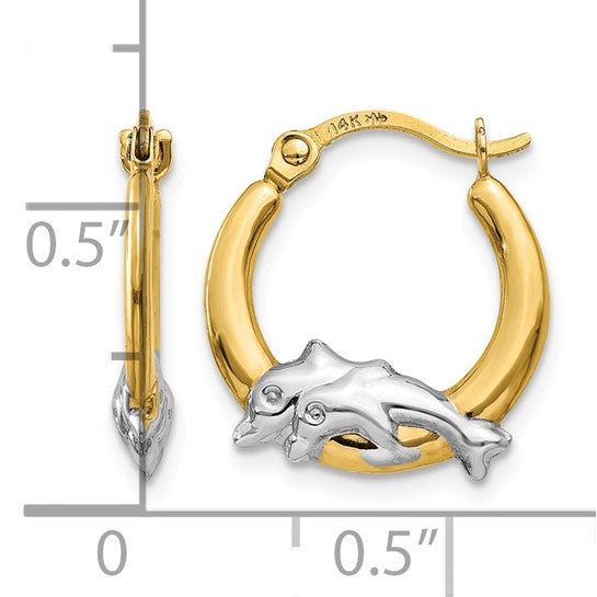 14K Yellow/White Gold Two Tone Dolphin Hoop Earrings