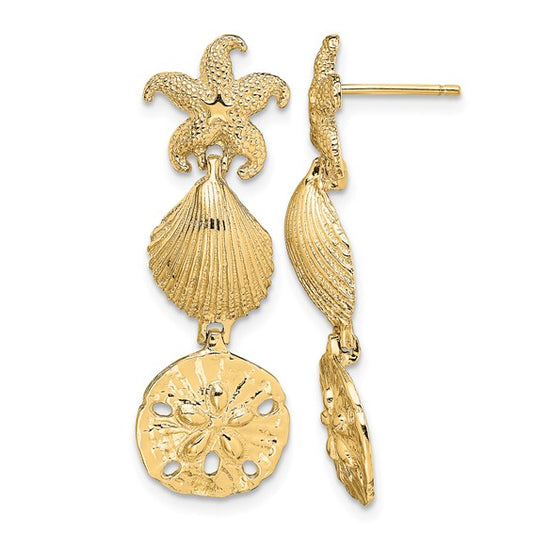 14K Yellow Gold Dangle Sea Life Starfish, Sand Dollar, Shell Earrings