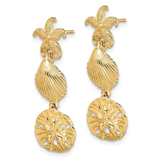 14K Yellow Gold Dangle Sea Life Starfish, Sand Dollar, Shell Earrings