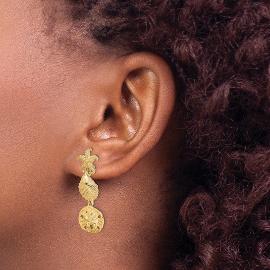 14K Yellow Gold Dangle Sea Life Starfish, Sand Dollar, Shell Earrings
