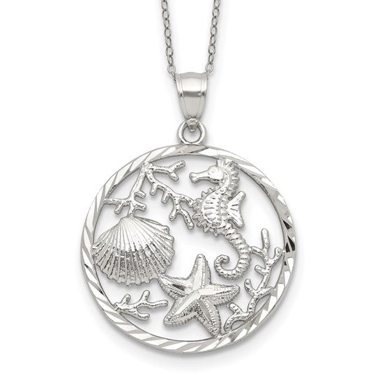Sterling Silver Rhodium Plated Circle Of Sea Life Necklace & Pendant