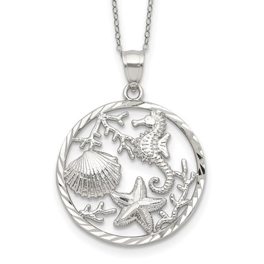 Sterling Silver Rhodium Plated Circle Of Sea Life Necklace & Pendant