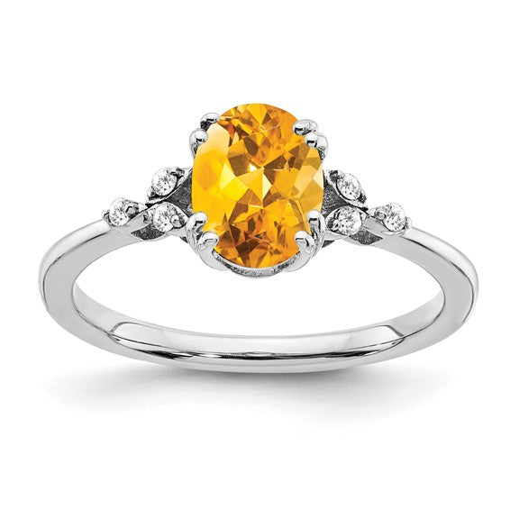 Sterling Silver White Gold Plated 1.25 Carat Natural Citrine & Diamond Ring