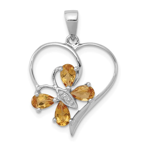 Sterling Silver White Gold Heart & Butterfly Natural Citrine & Diamond Pendant