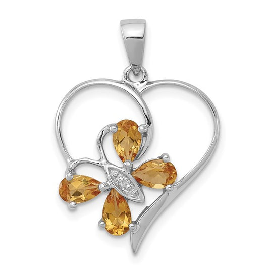 Sterling Silver White Gold Heart & Butterfly Natural Citrine & Diamond Pendant