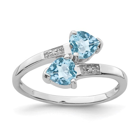 White Gold Filled Sterling Silver Double Heart Stone Blue Topaz & Diamond Ring