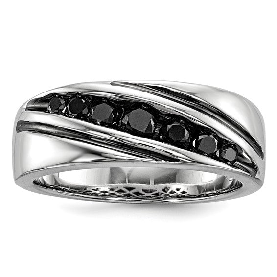 White Night White Gold Filled Sterling Silver Black Diamond Men's Wedding Band