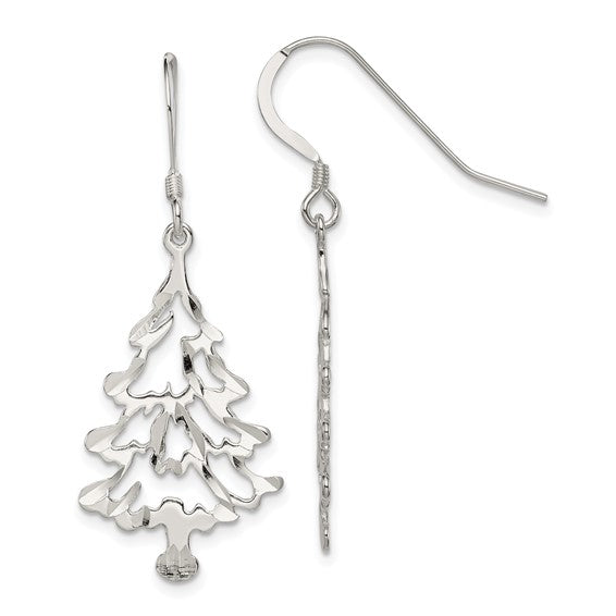 Sterling Silver Diamond Cut Christmas Tree Earrings