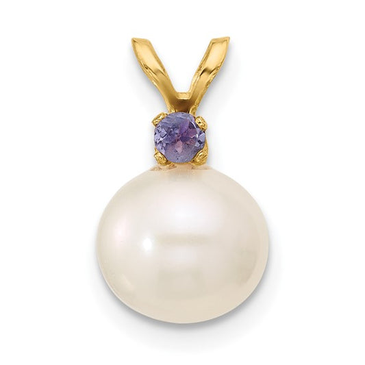 14K Yellow Gold Freshwater Pearl Tanzanite Birthstone Pendant
