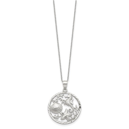Sterling Silver Rhodium Plated Circle Of Sea Life Necklace & Pendant