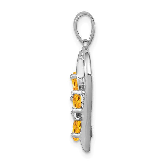 Sterling Silver White Gold Heart & Butterfly Natural Citrine & Diamond Pendant