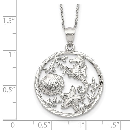 Sterling Silver Rhodium Plated Circle Of Sea Life Necklace & Pendant