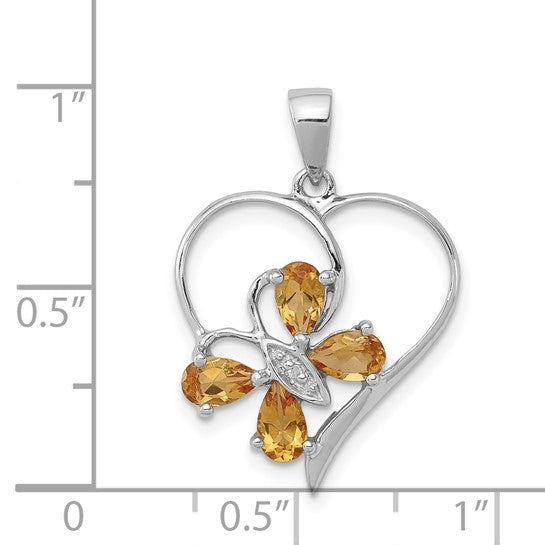 Sterling Silver White Gold Heart & Butterfly Natural Citrine & Diamond Pendant