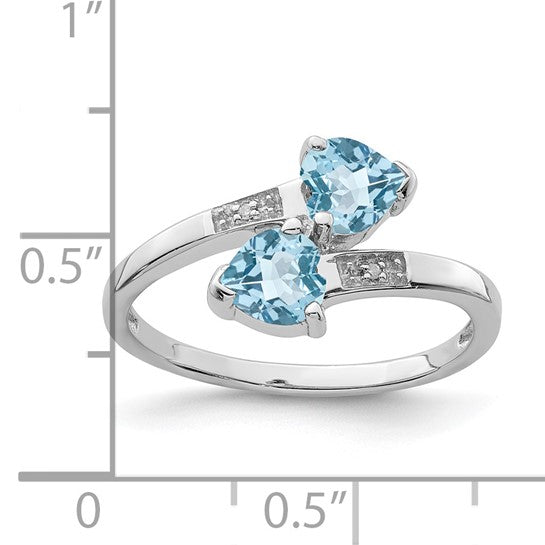 White Gold Filled Sterling Silver Double Heart Stone Blue Topaz & Diamond Ring