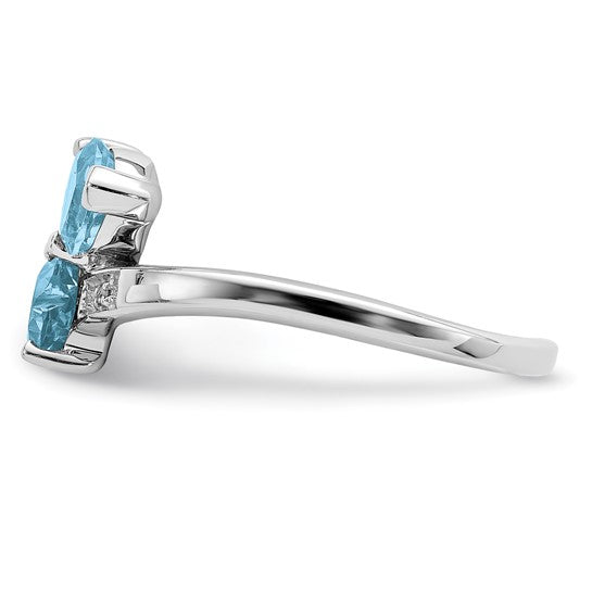 White Gold Filled Sterling Silver Double Heart Stone Blue Topaz & Diamond Ring