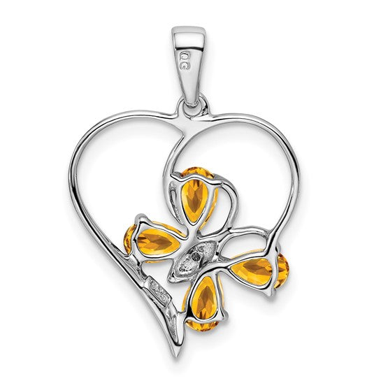 Sterling Silver White Gold Heart & Butterfly Natural Citrine & Diamond Pendant