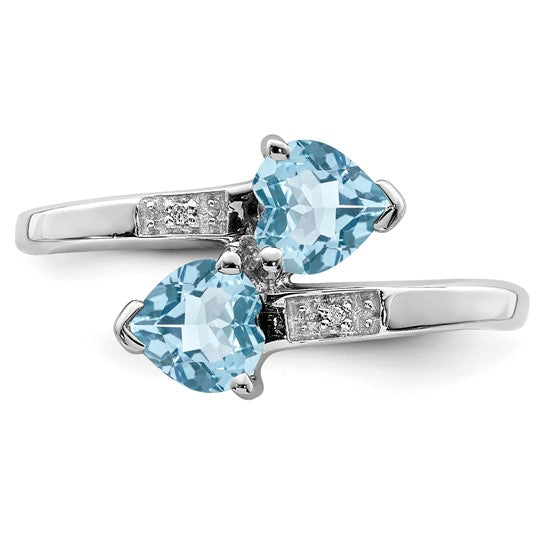 White Gold Filled Sterling Silver Double Heart Stone Blue Topaz & Diamond Ring