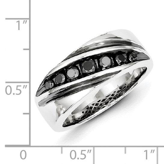 White Night White Gold Filled Sterling Silver Black Diamond Men's Wedding Band