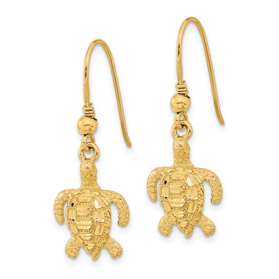 14K Yellow Gold Dangle Turtle Earrings