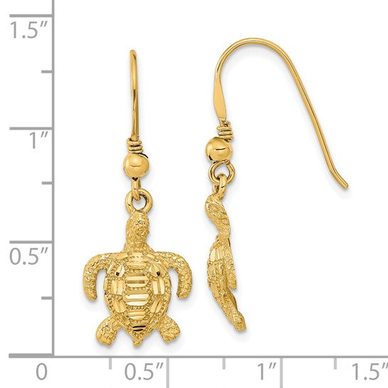 14K Yellow Gold Dangle Turtle Earrings