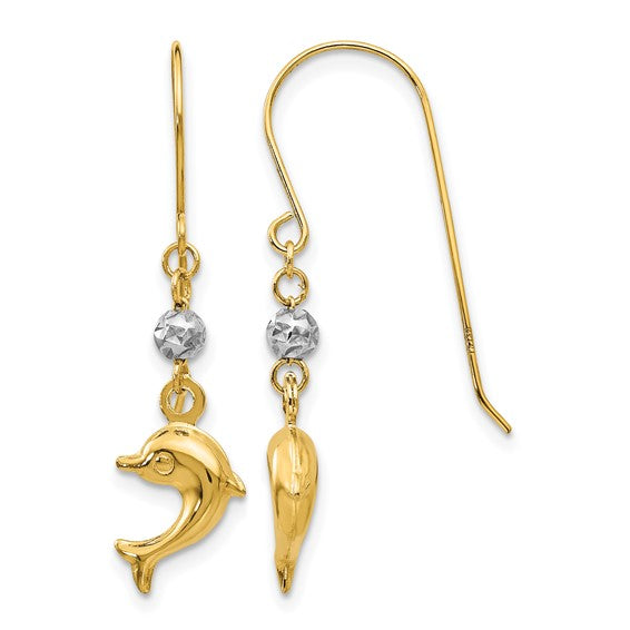 14K Yellow/White Gold Dolphin Dangle Two Tone Earrings