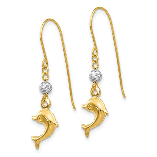 14K Yellow/White Gold Dolphin Dangle Two Tone Earrings