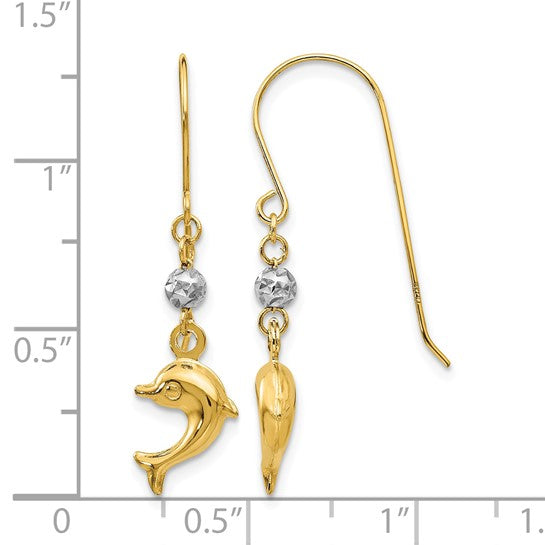 14K Yellow/White Gold Dolphin Dangle Two Tone Earrings