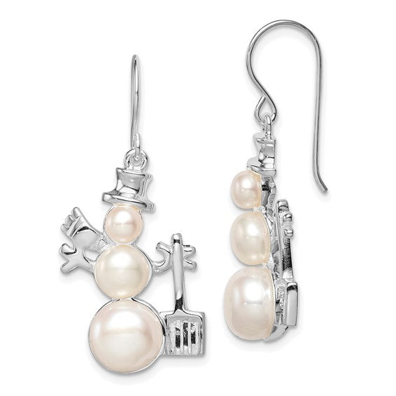 White Gold Filled Sterling Silver Freshwater Cultured Pearl Snowman Earrings