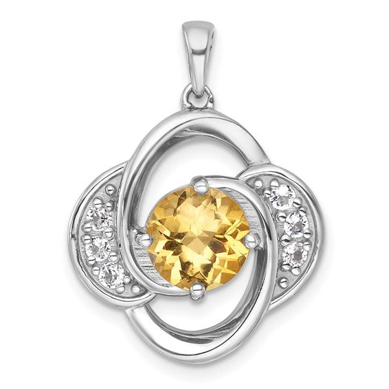 Sterling Silver White Gold Plated Double Halo Natural Citrine & Diamond Pendant