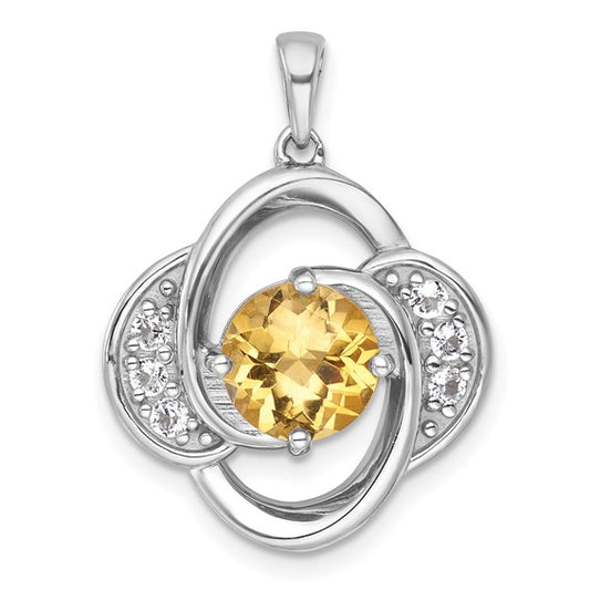 Sterling Silver White Gold Plated Double Halo Natural Citrine & Diamond Pendant