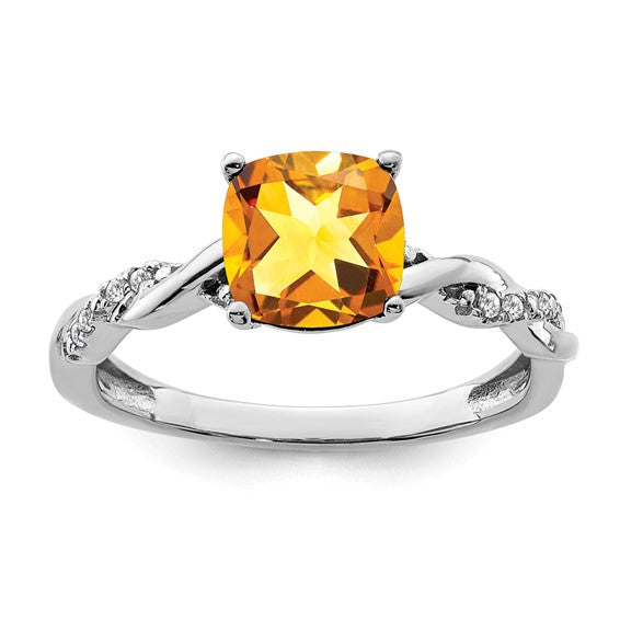 Sterling Silver White Gold Plated 2 Carat Cushion Shape Natural Citrine & Diamond Ring