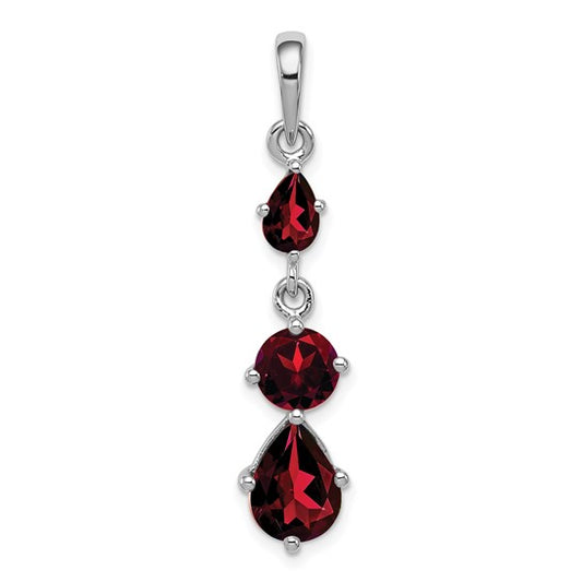 Sterling Silver Rhodium Plated 3 Stone Natural Garnet Dangle Pendant