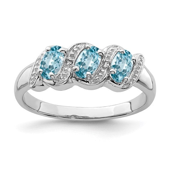 White Gold Filled Sterling Silver 3 Stone Blue Topaz & Diamond Band Ring