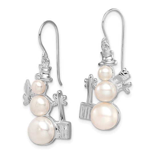 White Gold Filled Sterling Silver Freshwater Cultured Pearl Snowman Earrings
