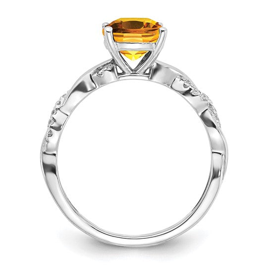 Sterling Silver White Gold Plated 2 Carat Cushion Shape Natural Citrine & Diamond Ring