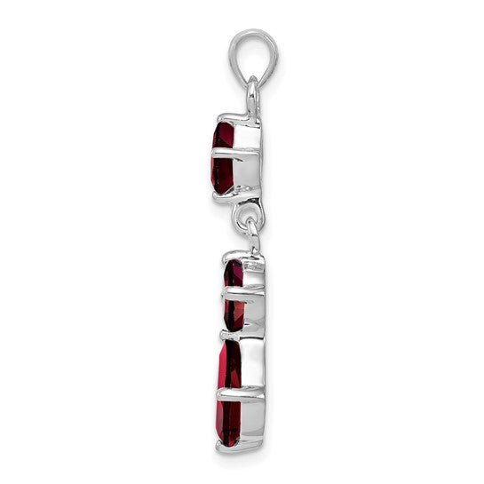 Sterling Silver Rhodium Plated 3 Stone Natural Garnet Dangle Pendant