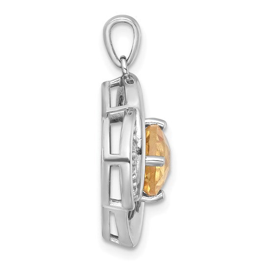 Sterling Silver White Gold Plated Double Halo Natural Citrine & Diamond Pendant