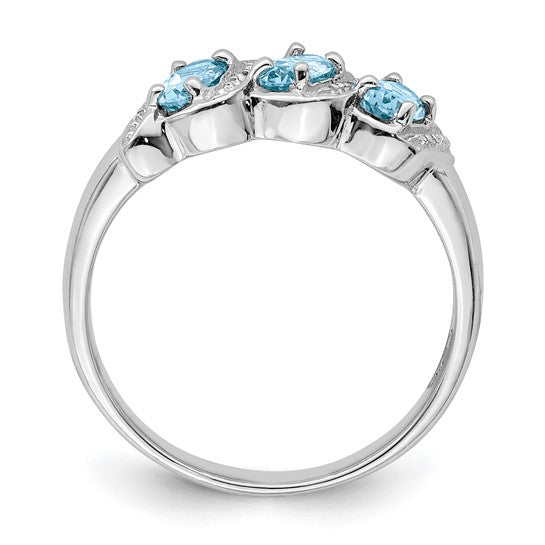 White Gold Filled Sterling Silver 3 Stone Blue Topaz & Diamond Band Ring