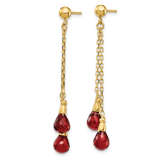 14K Yellow Gold Natural Garnet Dangle Chain Earrings