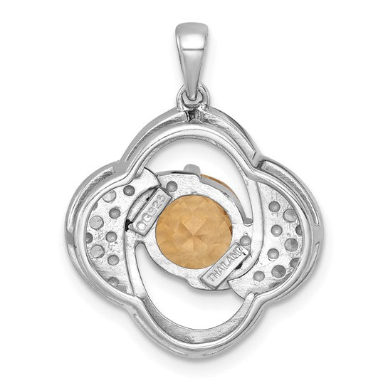 Sterling Silver White Gold Plated Double Halo Natural Citrine & Diamond Pendant