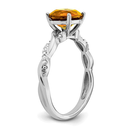Sterling Silver White Gold Plated 2 Carat Cushion Shape Natural Citrine & Diamond Ring