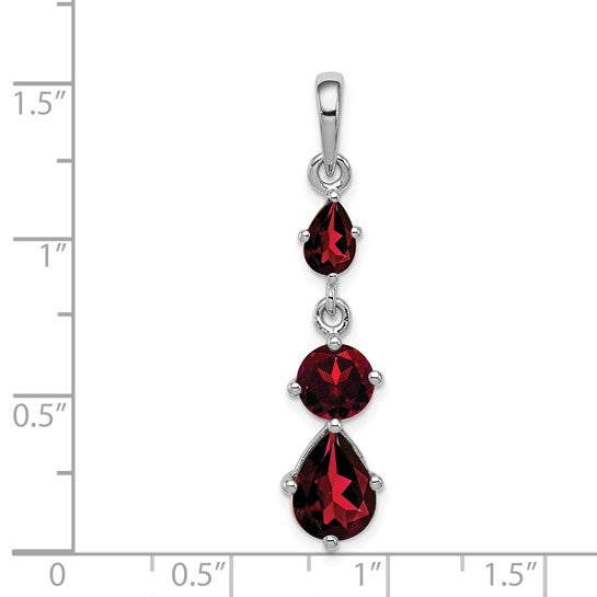 Sterling Silver Rhodium Plated 3 Stone Natural Garnet Dangle Pendant