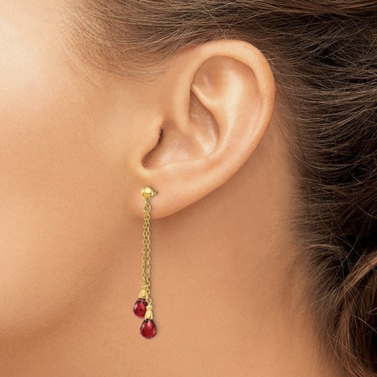 14K Yellow Gold Natural Garnet Dangle Chain Earrings