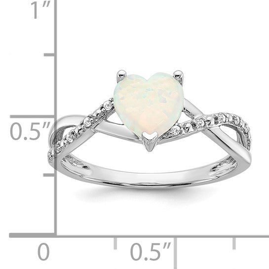 14K White Gold Lab Created Heart Shaped Opal & Natural Diamond Heart Ring