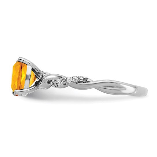 Sterling Silver White Gold Plated 2 Carat Cushion Shape Natural Citrine & Diamond Ring