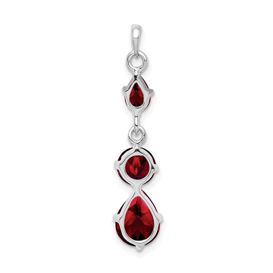 Sterling Silver Rhodium Plated 3 Stone Natural Garnet Dangle Pendant