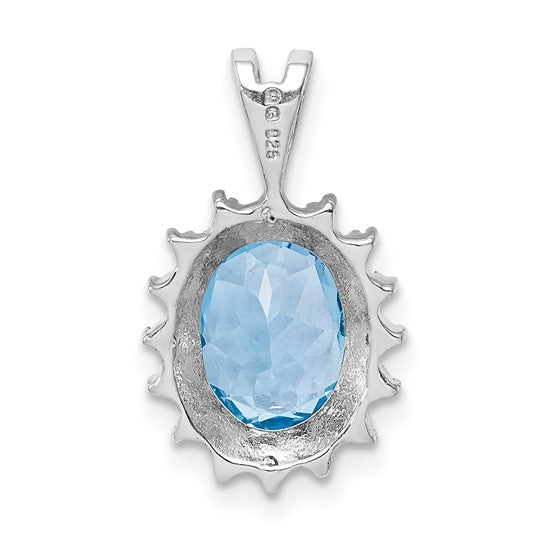 White Gold Filled Sterling Silver 3 Carat Oval Blue Topaz Textured Halo Pendant