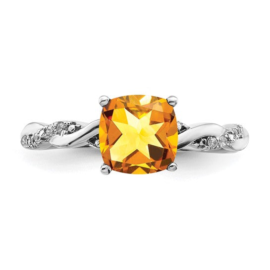 Sterling Silver White Gold Plated 2 Carat Cushion Shape Natural Citrine & Diamond Ring