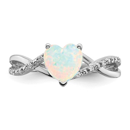 14K White Gold Lab Created Heart Shaped Opal & Natural Diamond Heart Ring